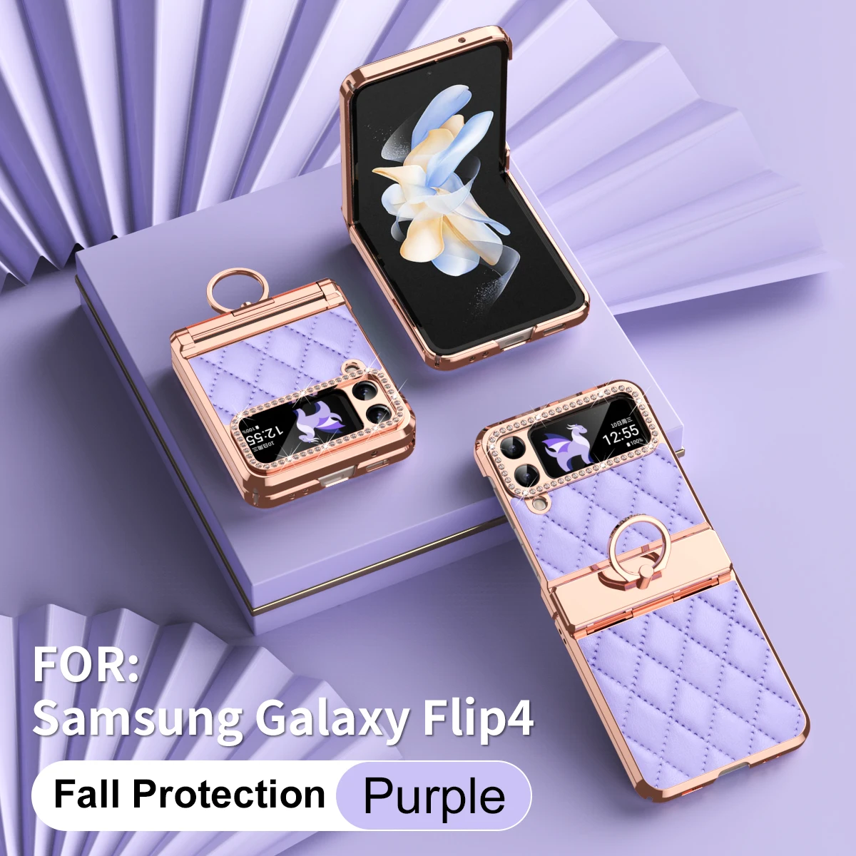 Etui Samsung Galaxy Z Flip 4 3, luksusowe etui ze skóry PU, twarde PC, galwanizowana ramka, zawias, odporna na wstrząsy, uchwyt pierścieniowy — zdjęcie 7
