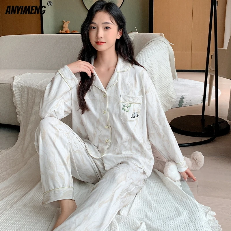 M-5XL Autumn Winter Woman Pajamas Set Fashion Turn-down Collar Sleepwear Lady Home Clothes Soft Faux Cotton Nightwear Lapel Pjs