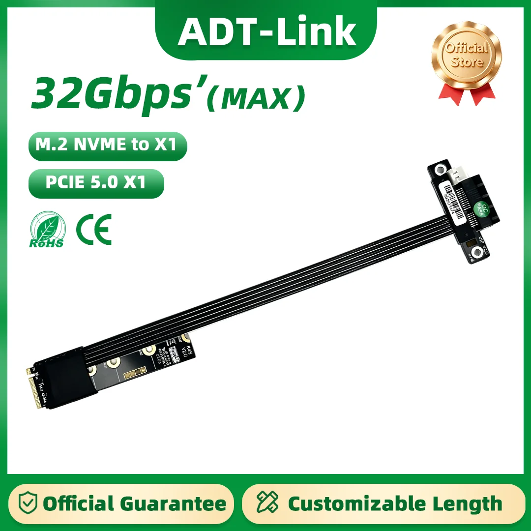 ADT-Link M.2 NVMe to PCIe 5.0 X1 Riser Cable PCIe M.2 Key M Adapter Extension Cable Support NVMe SSDExtender Cord for Desktop PC