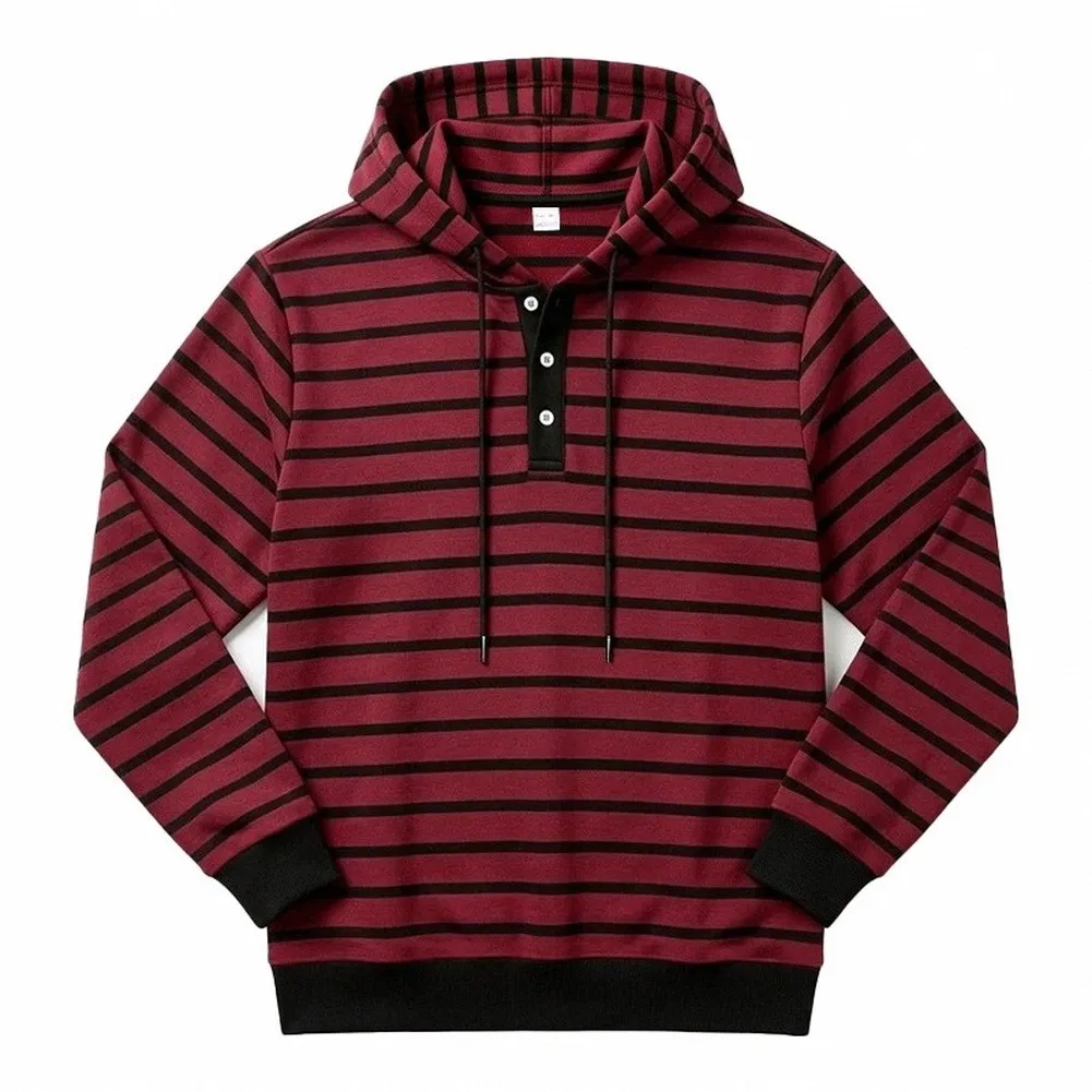 Men's Casual Striped Pullover Hoodie with Hood Drawstring and For Henley Button Placket Sweatshirt for Autumn and Winter