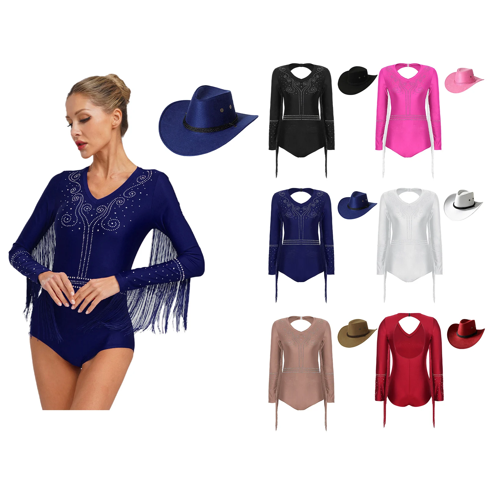 Mulheres latina jazz dança collant traje tango palco desempenho conjunto borla com decote em v espumante strass recorte volta vestido chapéu