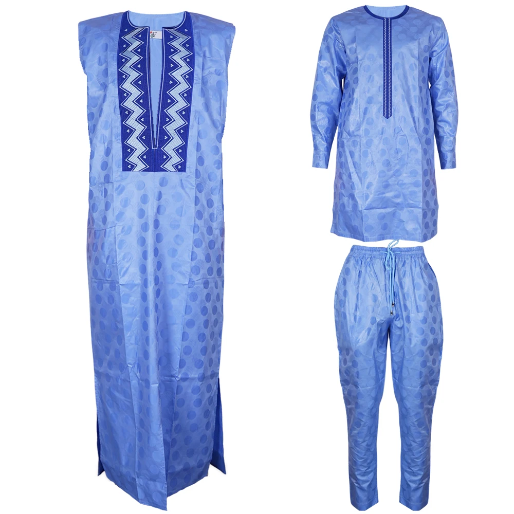 3 PCS Set African Clothes for Men Dashiki Tradition Outfit Robe Embroidery Tops Pants Suits Bazin Muslim Wedding Party Clothing