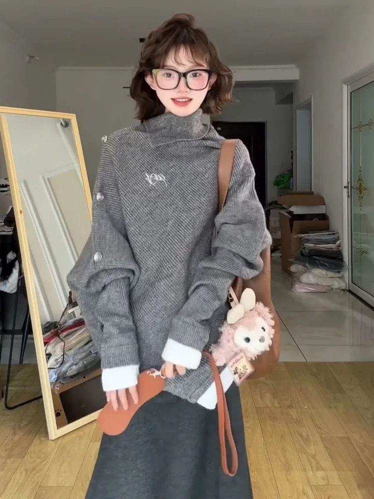 

Корейский студенческий винтажный асимметричный вязаный свитер с высоким воротником, женская студенческая юбка с высокой талией, комплект из двух предметов