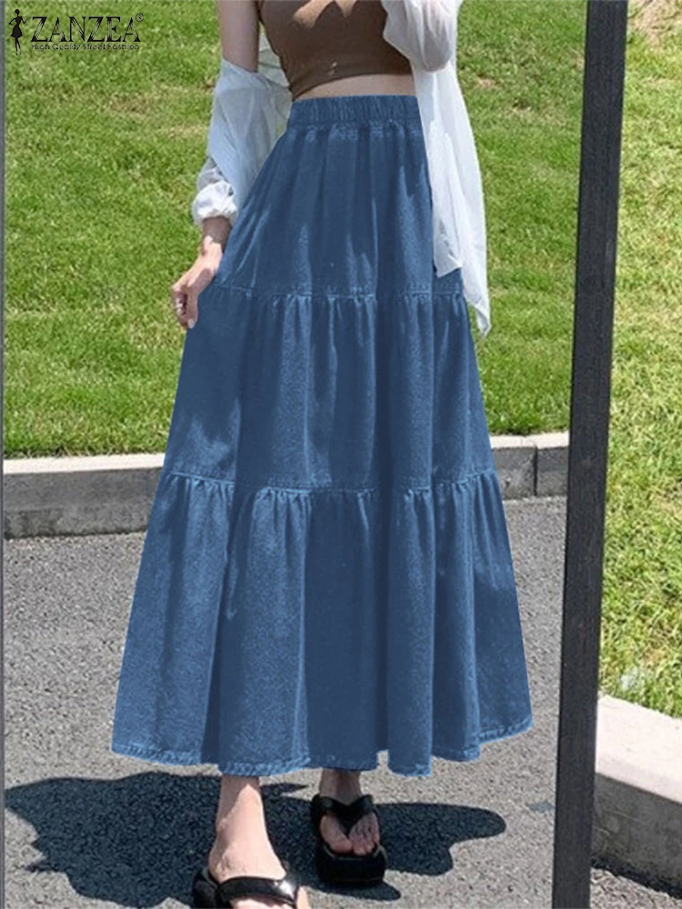 

Женская джинсовая синяя юбка для праздничной вечеринки Vestidos Faldas Saia ZANZEA Модные женские длинные юбки макси однотонные трапециевидные повседневные Femme Jupe