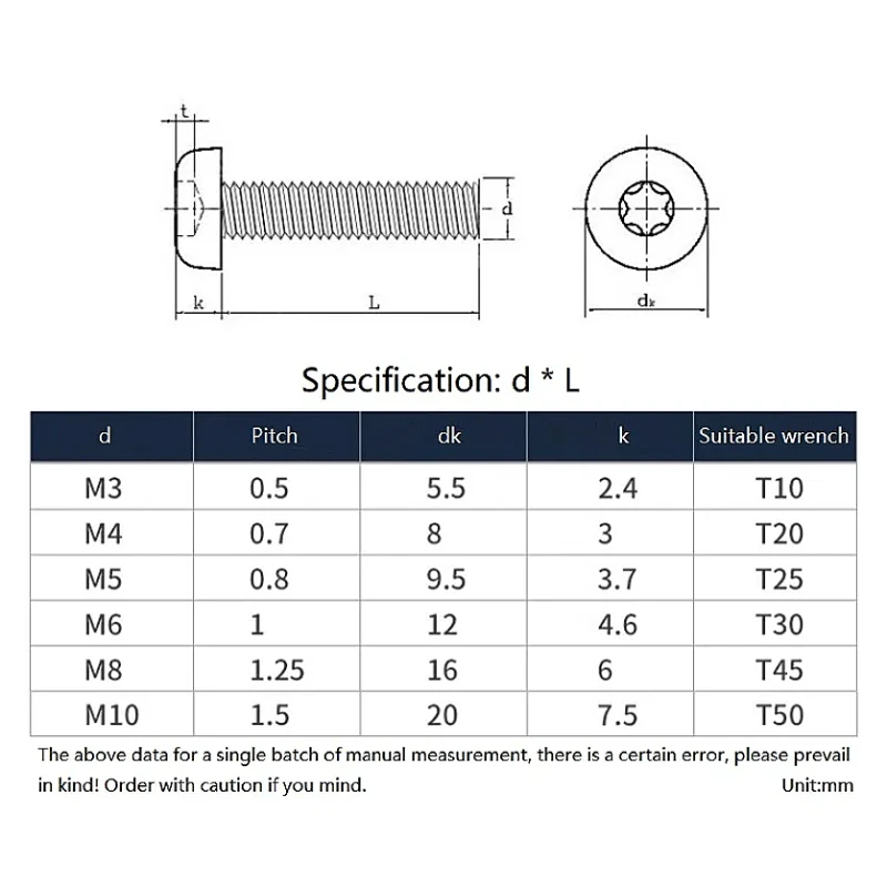 M3 M4 M5 M6 M8 M10 Black 304 Stianless Steel Six-Lobe Torx Pan Head Screw Six Lobe Round Head With/Without Pin Tamper Proof Bolt