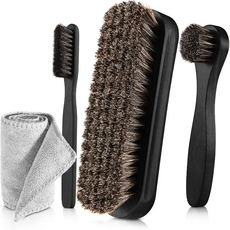 4Pcs Horsehair Shine Shoes Brush Kit Polish Dauber Applicators Cleaning Leather Shoes Boots Care Brushes Suede Cleaner Brush