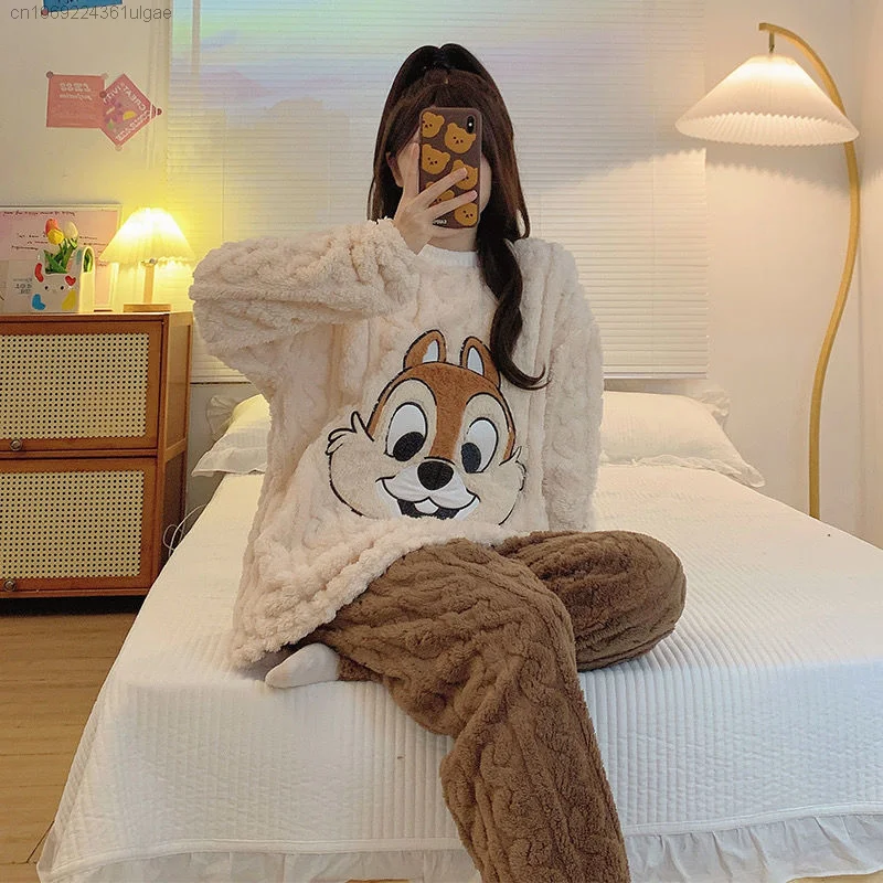 Disney Chip&Dale Cute Matching Set For Women Plush Pullover Tops Trousers Winter Soft Coral Fleece Pajamas Suit Y2k Cute Clothes