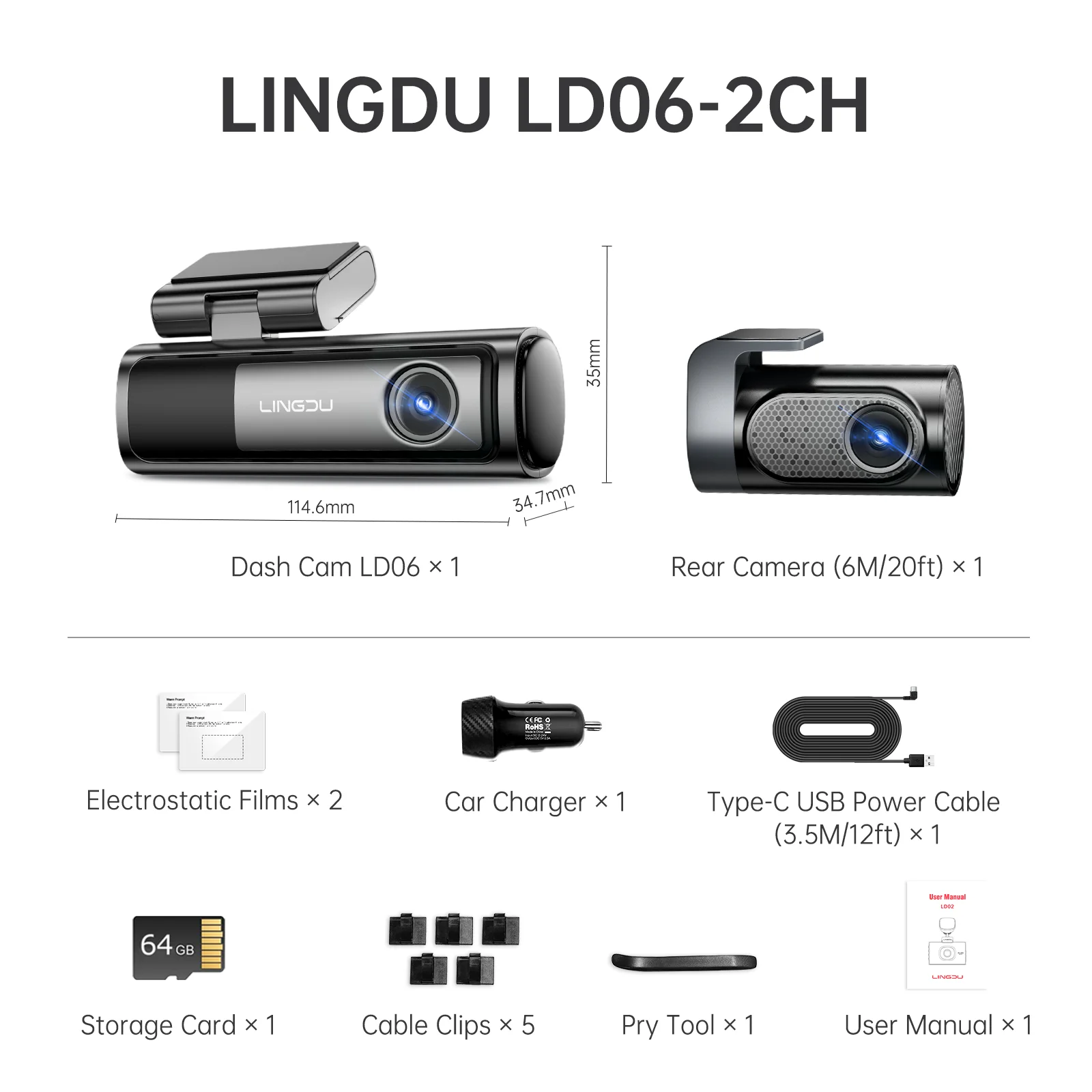 LINGDU 4K+2K Dashcam voor en achter in de auto, 5K frontcamera, 5.8G WiFi, GPS, nachtzicht, parkeermodus, spraakbesturing LD06 - afbeelding 1