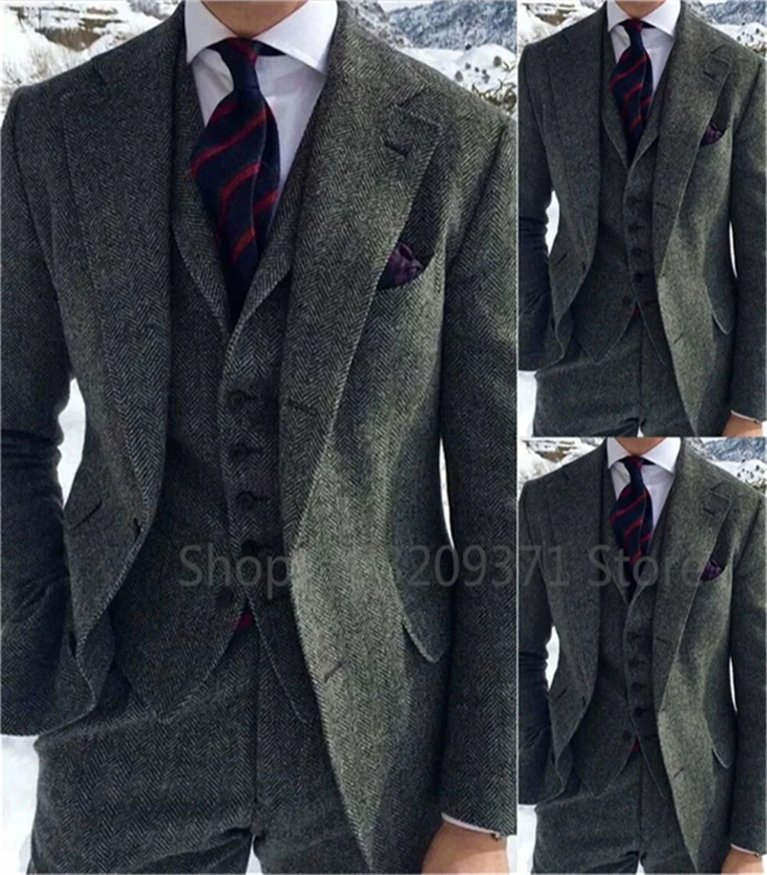 3 Piece Gray Herringbone Winter Suit for Men Wool Tweed Slim Fit Formal Groom Wedding Tuxedo Sets Business Wedding Male Suits