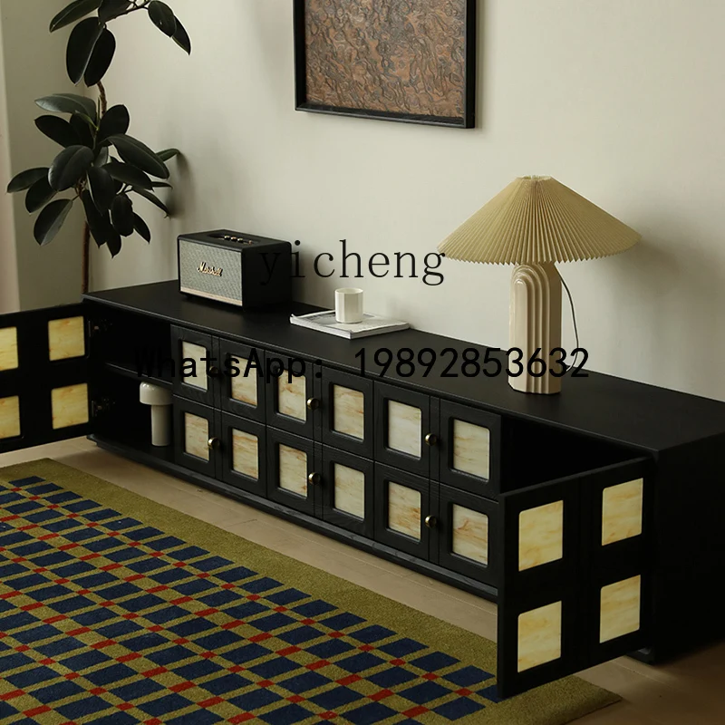medieval floor-to-ceiling TV cabinet retro black audio-visual short cabinet solid wood