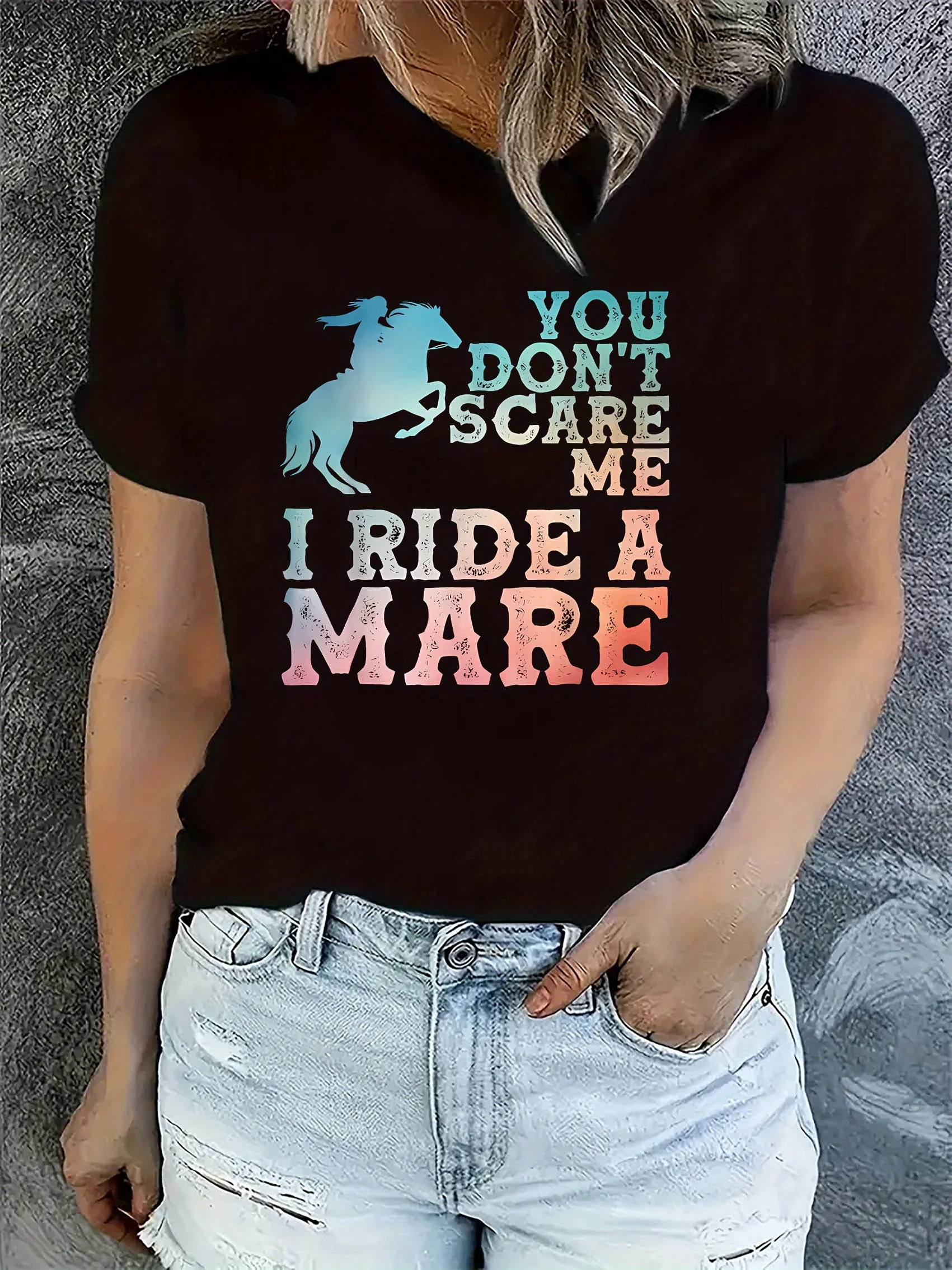 

1pc Women'S Casual Polyester T-Shirt with Horse Silhouette Graphic, Round Neck, Short Sleeve, Comfortable Summer Top
