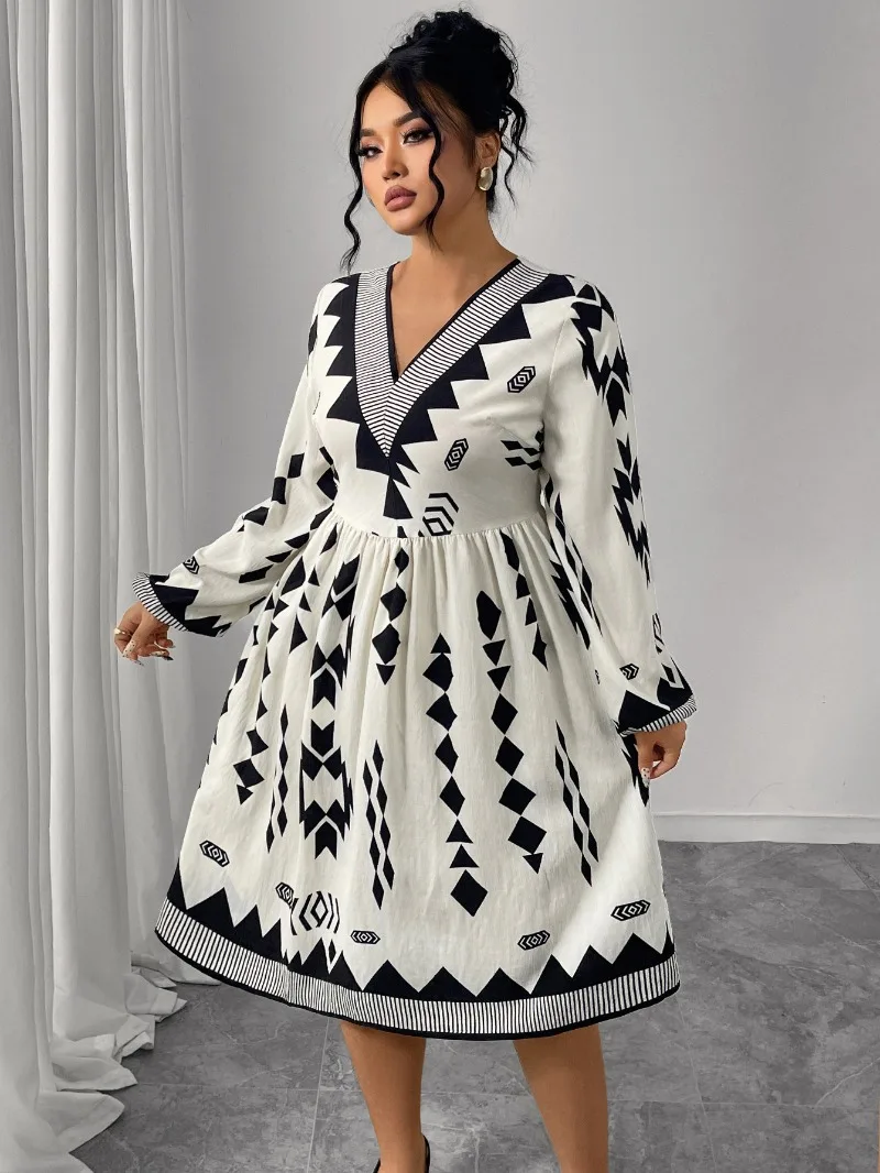 

KEXU Plus Size XL-4XL Autumn Winter New Dress Large Size Print Bubble Long Sleeve V-neck High Waist Women Dress