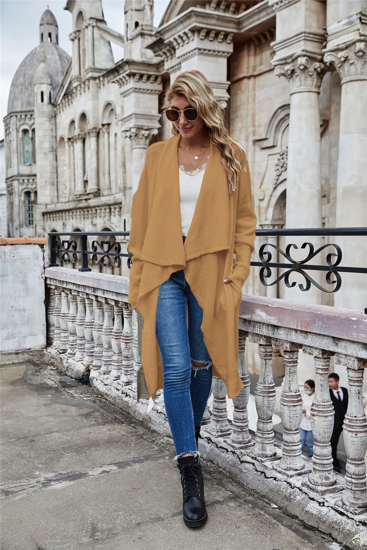 Solid Color Temperament Knitted Long Cardigan Coat, Women's Autumn Winter Fashion OL Commuting Loose Irregularity Knitted Coat