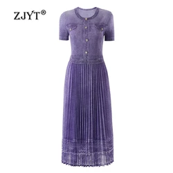 ZJYT Women's Elegant Midi Pleated Dresses Summer Vestidos Para Mujer Short Sleeve TurnO Neck Casual Party Dress Female Clothes