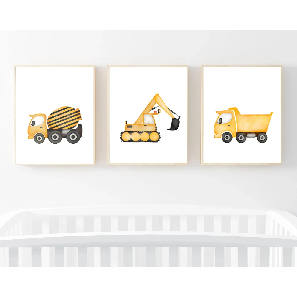 3pcs Minimalist Cartoon Construction Vehicle Art Canvas Prints Posters of Trucks and Tractors for Home Decor and Boys' Bedrooms