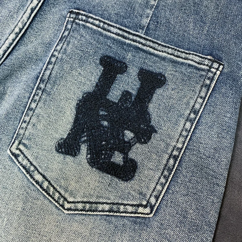 Vintage denim men's high street fashionable embroidery design2024new fashion loose comfortable wide leg trousers