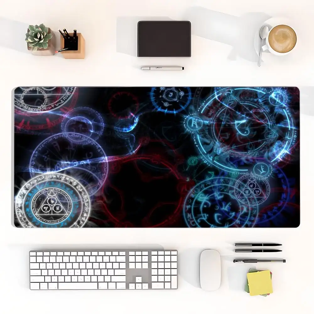 Playmat Black Background Silver Intricate Magic Circle Multi Ring Mysterious Rune Large Size For Laptop Bedroom Learning Mat