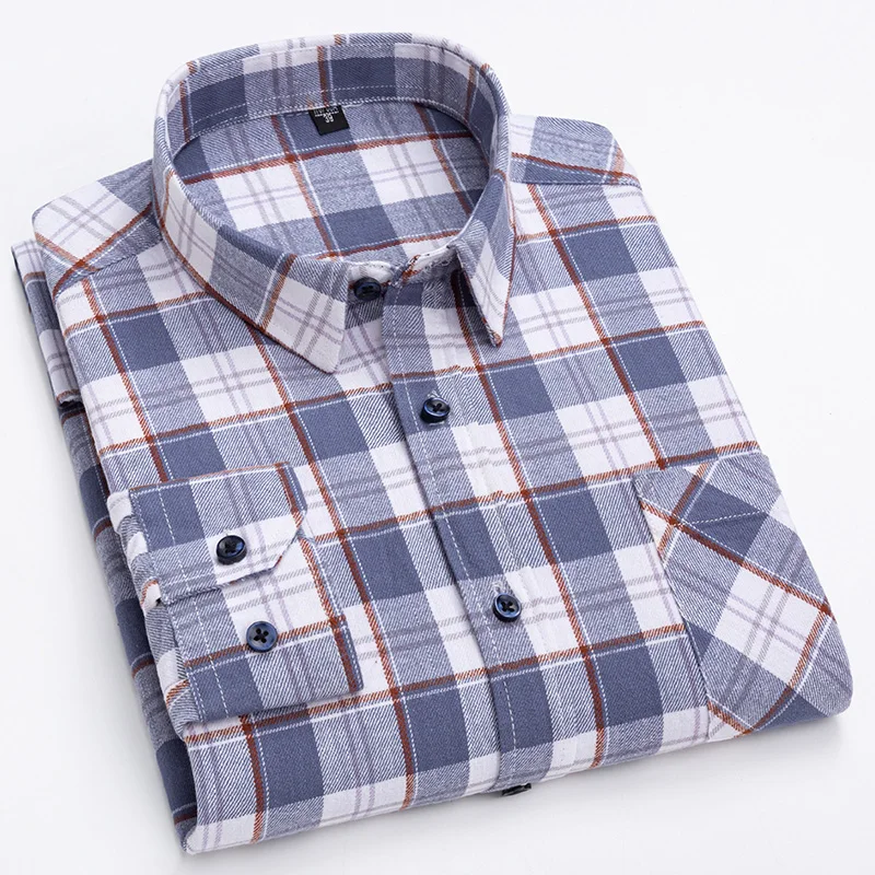 New Spring Autumn 100% Cotton Flannel Plaid Mens Shirts Casual Long Sleeve Regular Fit Home Dress Shirts For Man Clothes 6XL 5XL