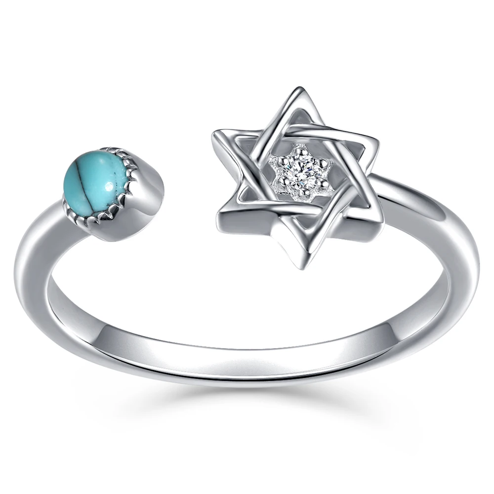 

925 Sterling Silver Jewish Star Of David Turquoise Adjustable Ring Birthday Christmas Jewelry Gifts for Women Teen Girls Friends