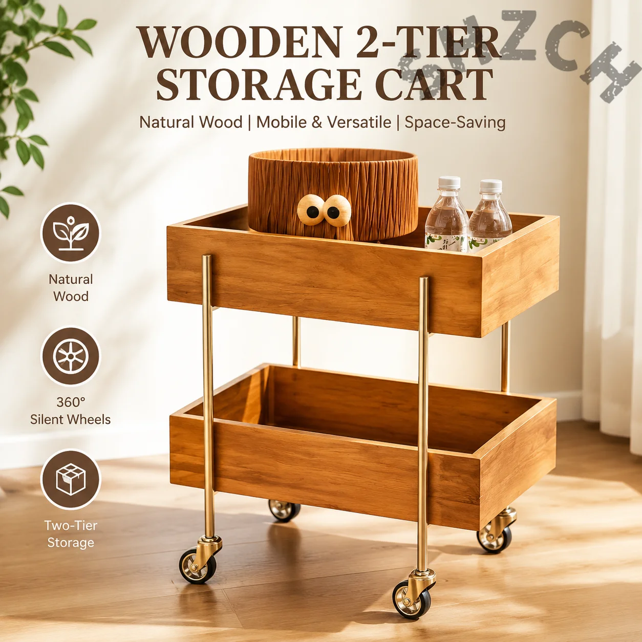 Mid-Century Modern Stainless Steel 2-Tier Rolling Cart – Mobile Serving Tray, Kitchen Utility or Living Room Side Table with Lo
