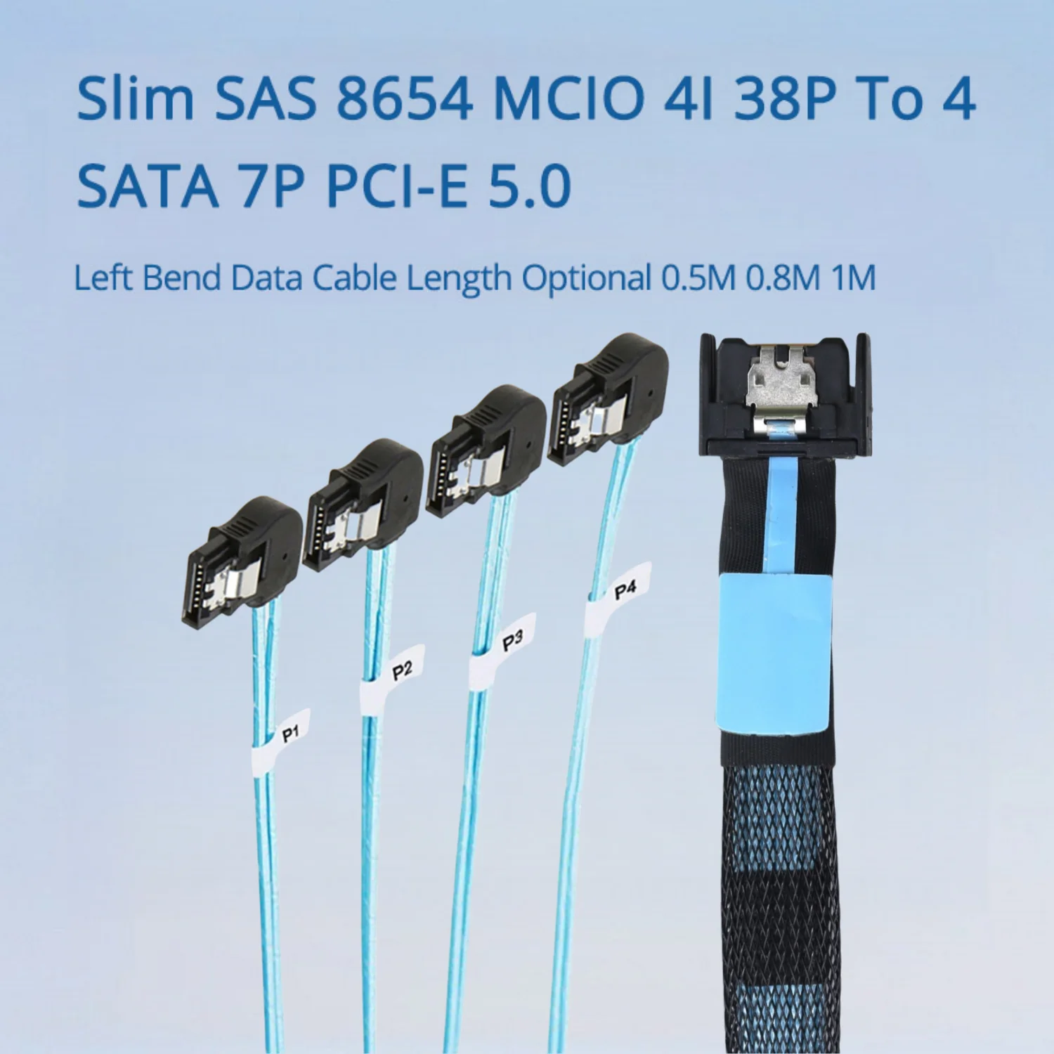 

Тонкий SAS 8654 MCIO 4I 38P к 4 SATA 7P PCI-E 5.0 Кабель для передачи данных с левым изгибом Дополнительно 0,5 м 0,8 м 1 м