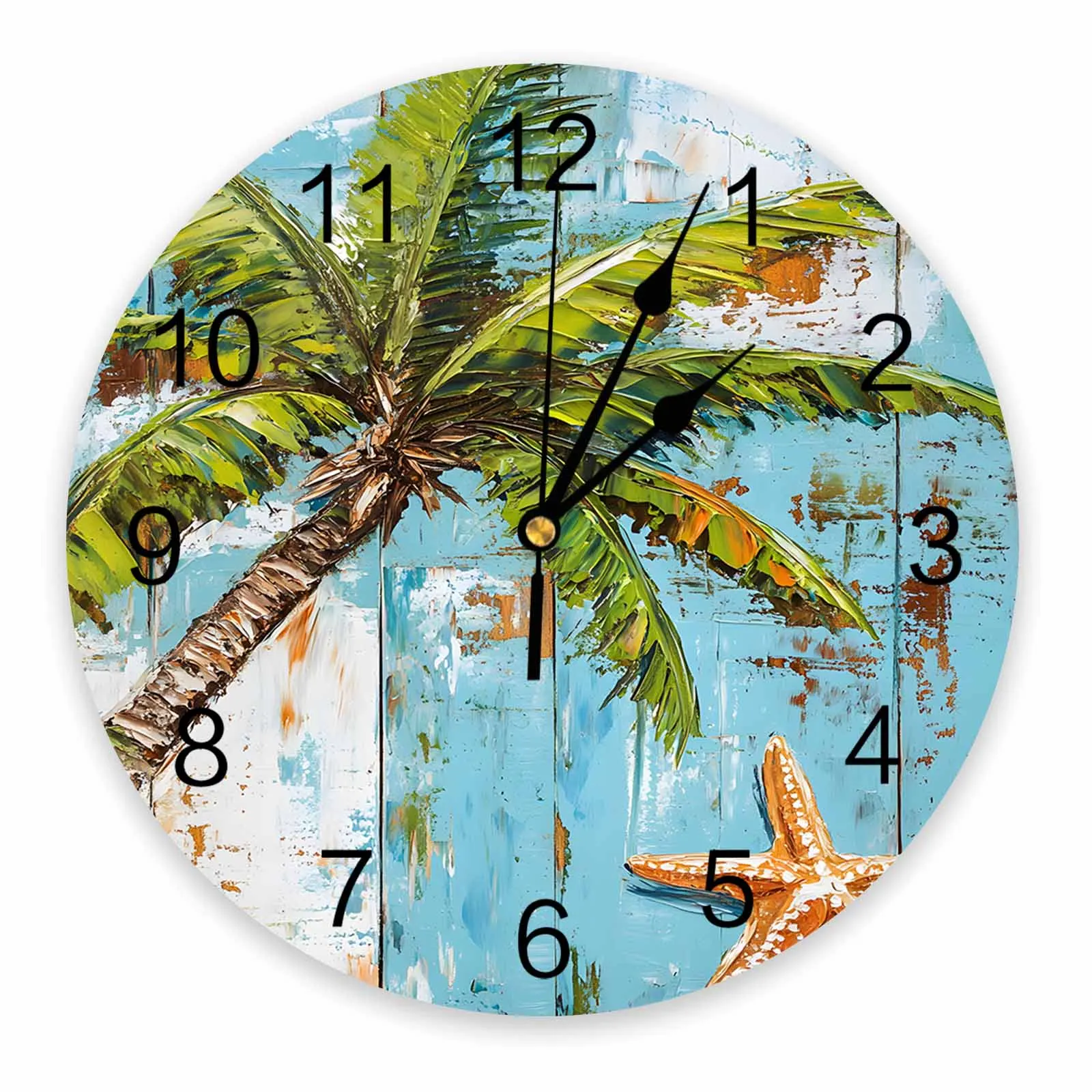 

Vintage Wood Grain Coconut Tree Painting Clocks Wall Home Decoration Teen Room Bedroom Living Room Decor Wall Clock