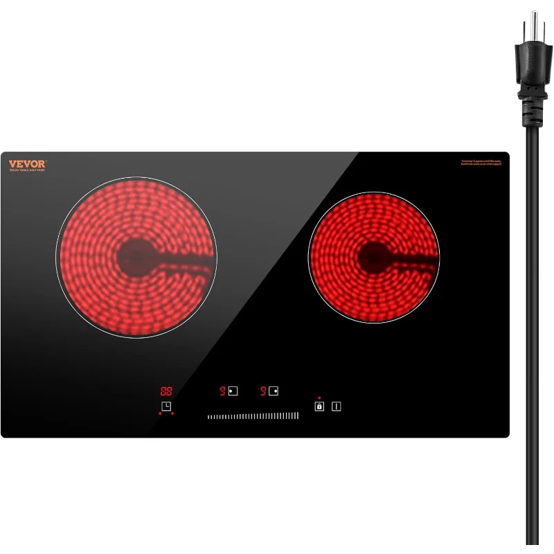 

Электрическая излучающая варочная панель VEVOR, 24 дюйма, 2 конфорки, встроенная электрическая плита, варочная панель с керамической поверхностью 1800 Вт со стеклянной панелью