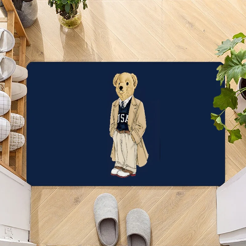 Cute Teddy Bear Happy Door Mat Entrance Non-slip Doormat Washable Kitchen Carpet Hallway Rugs Bathroom Bath Door Mats