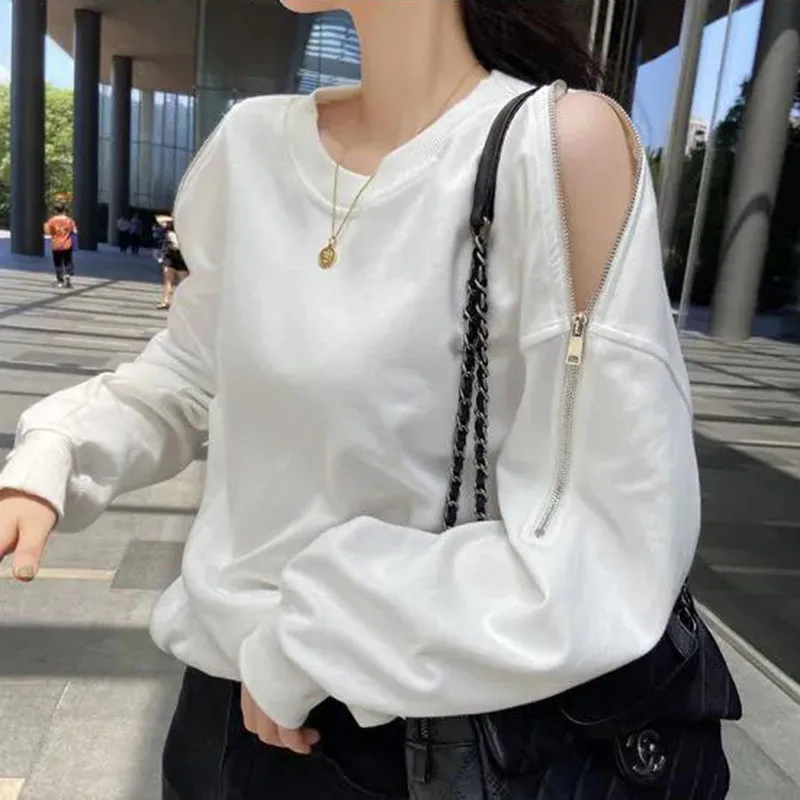 Korean Gray Sweatshirt Women Long Sleeve Sexy Off Shoulder O-Neck Basics Tees Loose Zipper Casual Fashion Solid Pullover