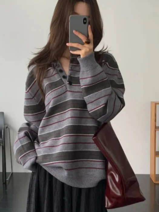 Sweater Rajut Wanita Model Longgar Motif Garis Tebal untuk Musim Gugur dan Musim Dingin, Desain Overhead, Gaya Kasual, Pakaian Rajut Modis