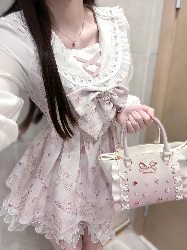 الخريف اليابانية الحلو لوليتا Kawaii فستان المرأة الربيع المطبوعة القوس تصميم وهمية قطعتين فستان الإناث الوردي كوريا الملابس الشعبية