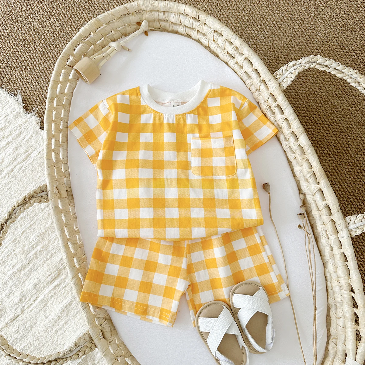 2PCS Summer Kids Sets Baby Outfit Casual Ice Cotton Odell Suit  Polka Dot Clothing Girl Plaid Print Tops+ Shorts 0-4Y