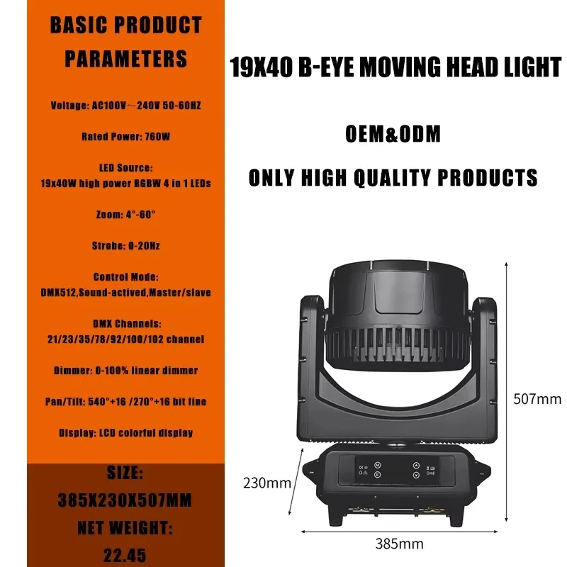 IP65 Waterproof RGBW 19x40W Bee Eye Mobile Headlight 19x40w Light Emitting Diode