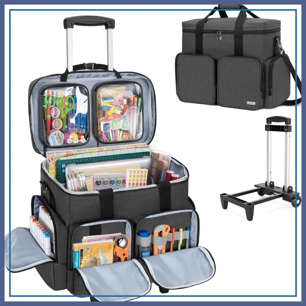 

Rolling Scrapbook Tote Bag on Wheels with Detachable Trolley, Craft Storage Organizer for Supplies, Black