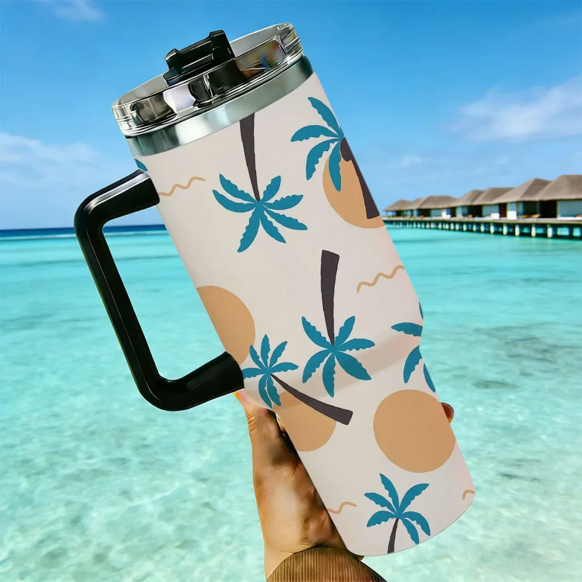 40oz Minimalist Tropical Palm Tree Sun Wave Repeat Print Stainless Steel Tumbler With Handle Straw Lid 24 Hours Cold Insulated Travel Water Cup