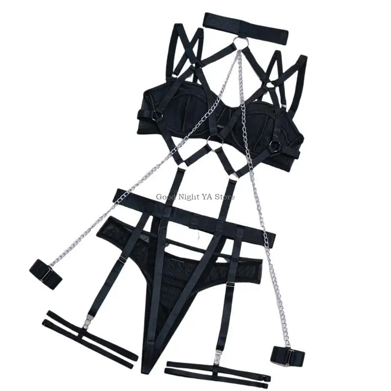 Mesh Lingerie Set Women with Garter Belt Strappy Lingerie Set Choker Bra Panty - Image 5