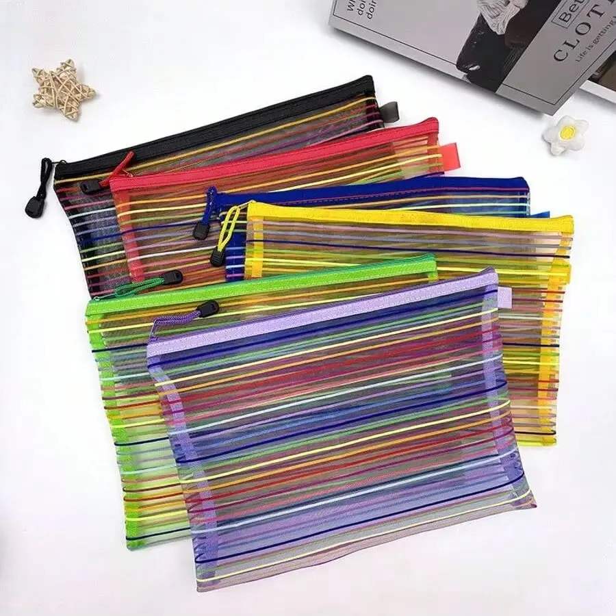 A4 File Bag with Zipper for Student, Colored Mesh, Transparent Storage Bag, Stationery, Test Paper, Ticket Organizer