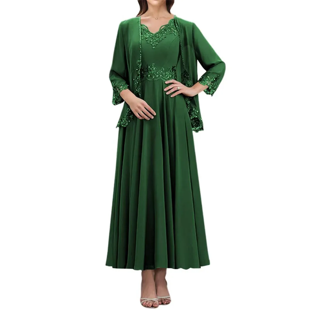 Customized Elegant 2 Pieces Mother of The Bride Dresses V Neck Ankle Length Appliques Chiffon Formal Dresses for Women 2025