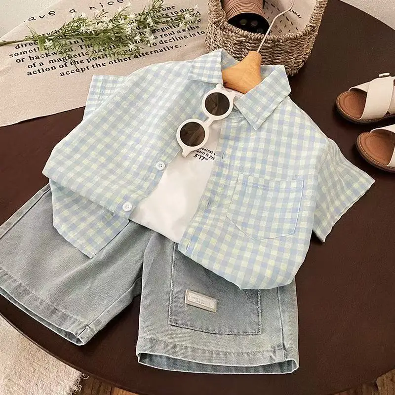

2026 Summer New Children's Clothing Set for Boys Plaid Short Sleeve Shirt + Shorts 2-Piece Set Kids' Outfit