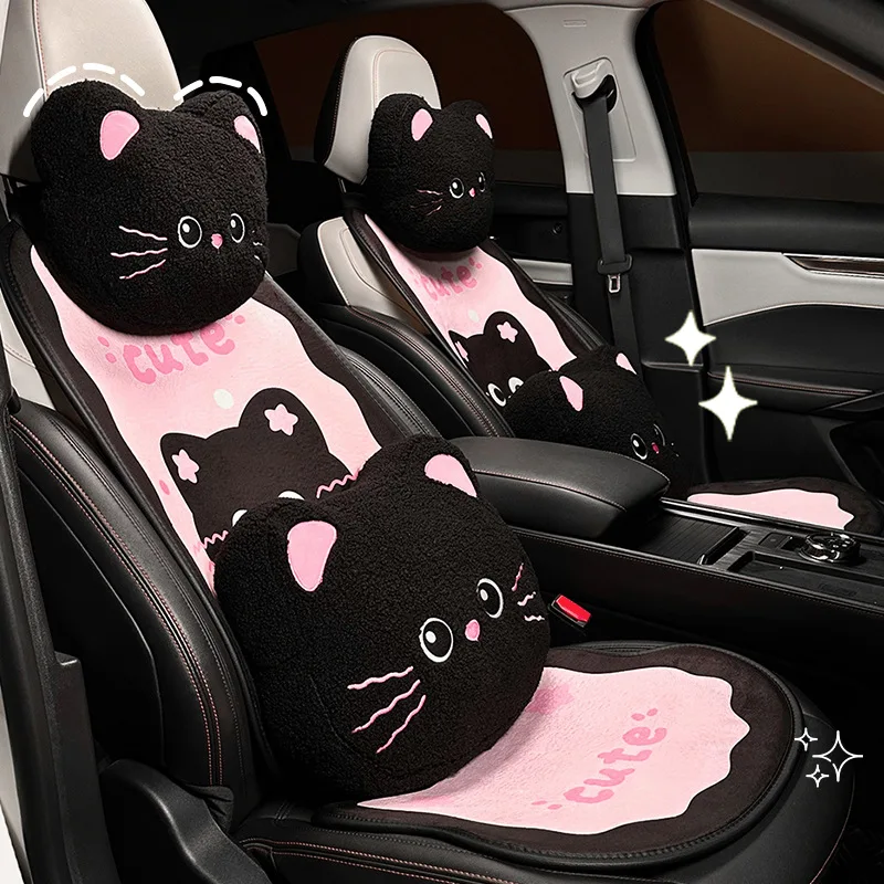 NOWE Pokrowce na siedzenia samochodowe Cute Cartoon Cat Uniwersalne zimowe ciepłe pluszowe poduszki na siedzenia samochodowe dla kobiet Akcesoria do dekoracji wnętrz samochodowych
