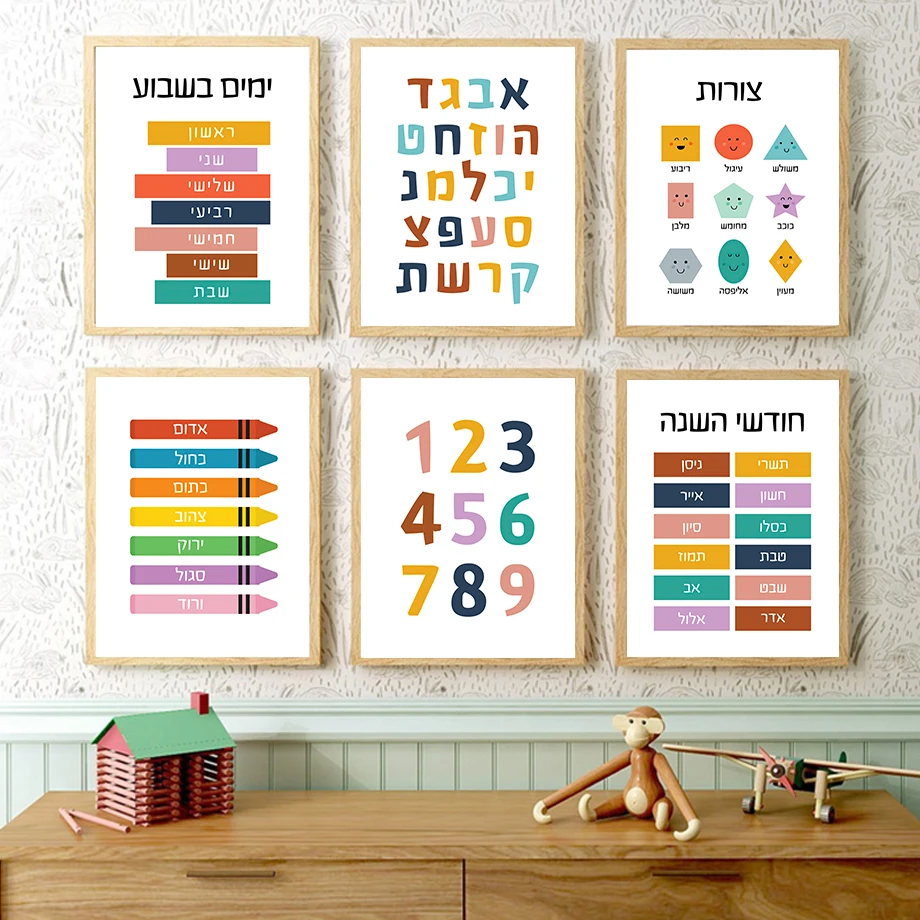 Hebrew Letters Alphabet Number Nursery Education Wall Art Canvas Painting Nordic Poster And Prints Wall Pictures Kids Room Decor