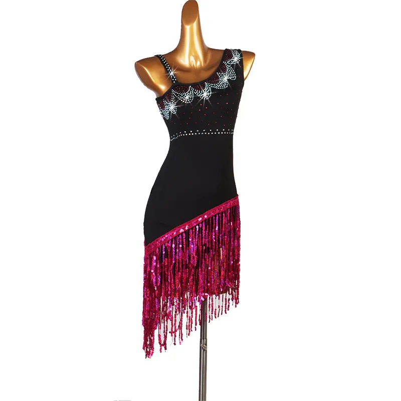 One Shoulder Strap Star Rhinestone Diagonal Sequin Fringe Asymmetrical Short Dance Dress For Latin Dance Competition Stage Perfo