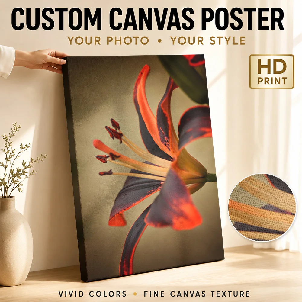 Ember Lily — Twilight Flame Framed Canvas Print Personalized Photo Detailed Realistic Composition Wall Art For Florist Studio