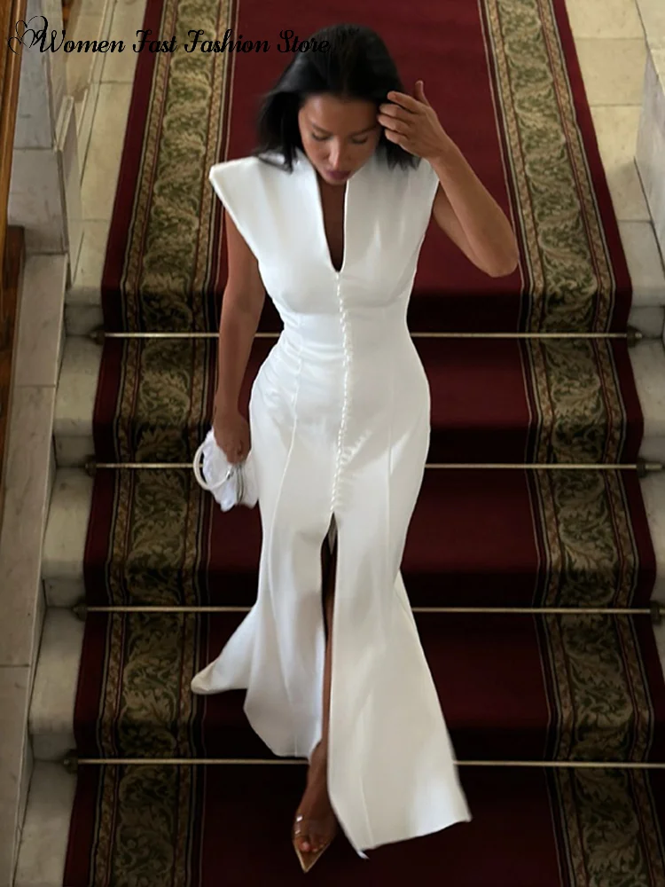 Elegant Stand Collar Buttons Party Dresses 2026 New Slim Waist-cinching Sleeveless Split Long Robe Women's Solid Evening Gowns