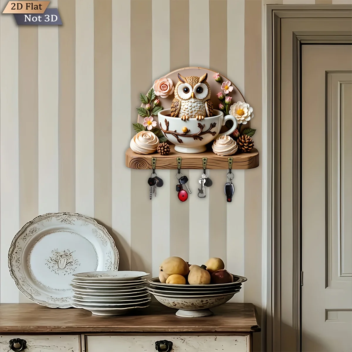 2D Flat, 1pc, Owl Teacup Floral Theme Key Hook, Wooden Multifunctional Home Key Holder with Four Metal Hooks, Suitable for Wall view 2