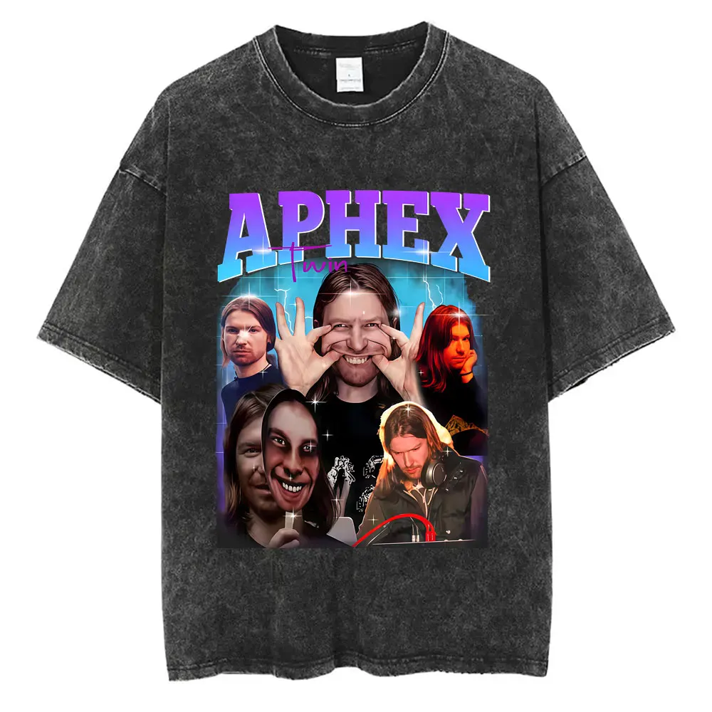 

Washed Vintage Singer Aphex Twin Funny Graphic T-shirt Men Women Fashion Retro Oversized T Shirts Male Casual Crewneck T-shirts
