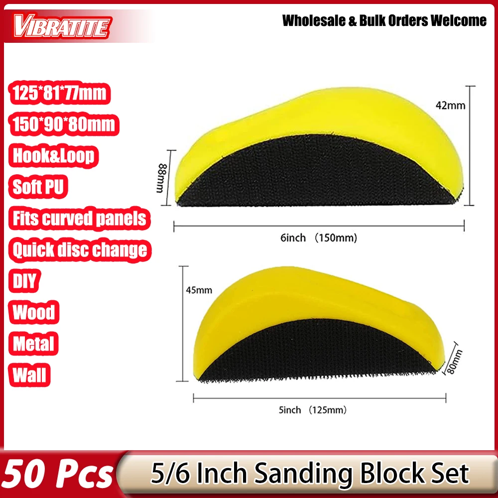 50Pcs Curved Sanding Block 5/6 Inch Hook & Loop Soft PU Hand Sanding Pad For Curved Surfaces Wood Auto Body Polishing