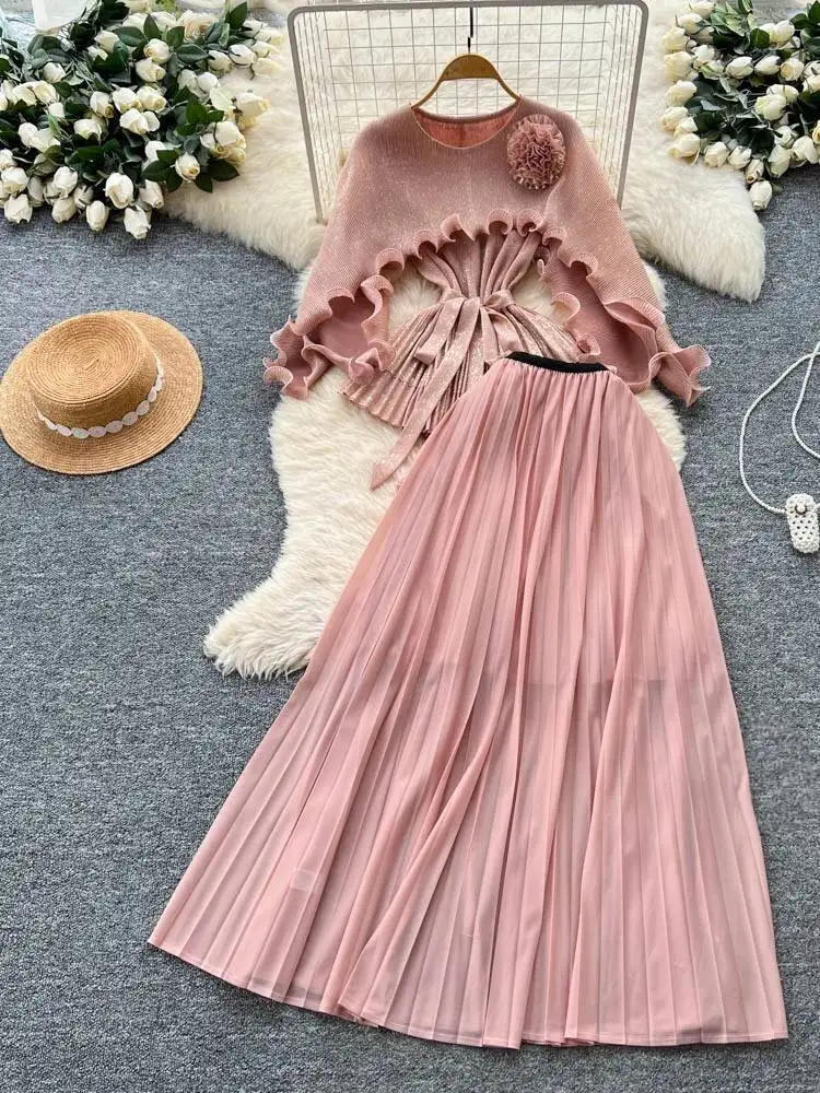 

Women Elegant Two Piece Set Autumn 3D Flower Ruffle Splicing Long Sleeved Shirt Top High Waisted Pleated A-line Long Skirt Suits
