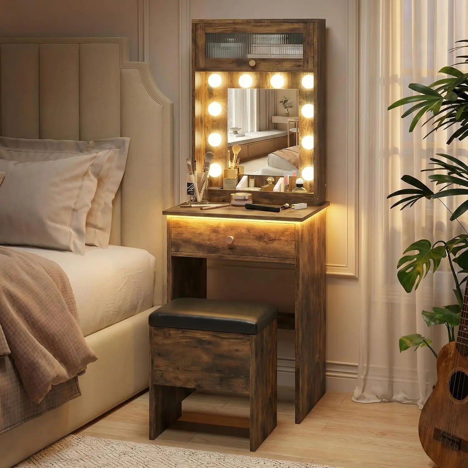 ARTETHYS Small Vanity with Mirror & RGB Light Rustic Makeup Set for Bedroom | Table Storage Rack, Mini Vanity with Storage Chair