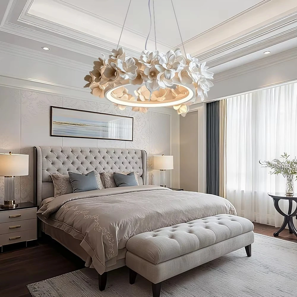 French Round Floral Pendant Lamp For Living Dining Room Kitchen Table Cream White Resin Hanging Light Double Layer Chandelier